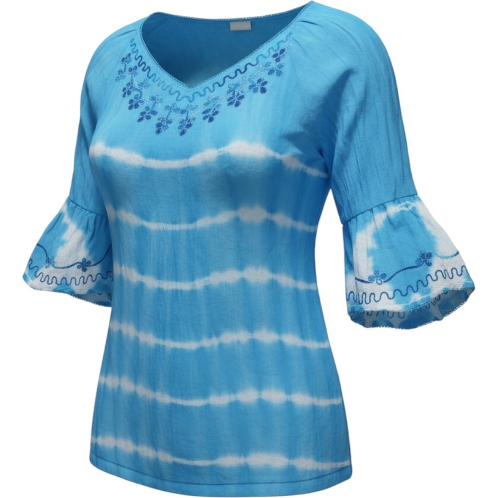 Shoreline Women 2XL Blue White Tie Dye Embroidered V-Neck Bell Sleeve Tunic Top